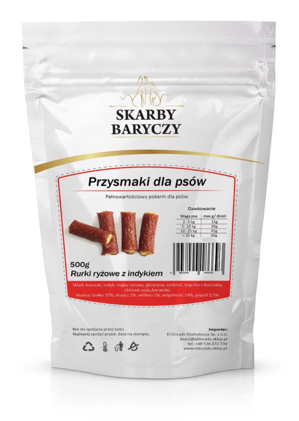 29ad58aa3a8eb8a8401c88c79ae048a5.jpg Skarby Baryczy rurki ryżowe z indyka 500g Przysmak dla psa
