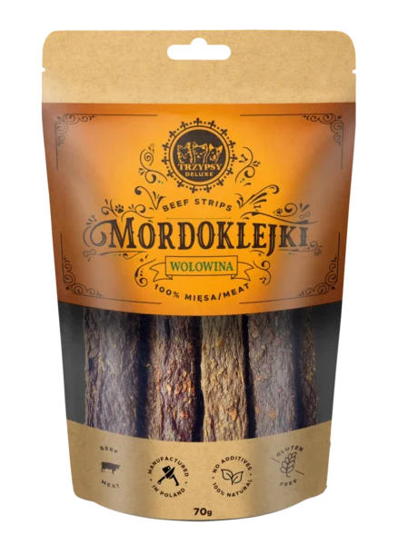 3530f8827738e3ddfac96e9d97ed7e81.webp TRZYPSY MORDOKLEJKI Z WOŁOWINY 70g / 100% mięsa / Przysmak dla psa