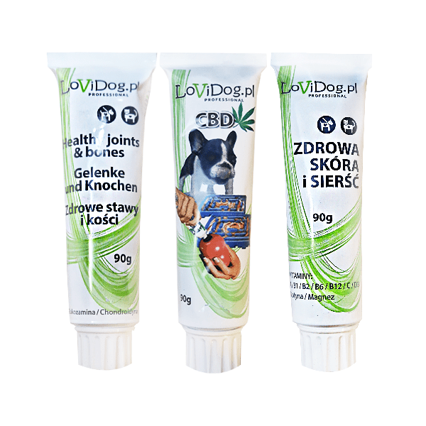 f42d9d6f42589234c304988954263b22.png LOVI DOG Pasztet dla psa MIX SMAKÓW / 3X90G/ CBS, stawy kości, skóra sierść