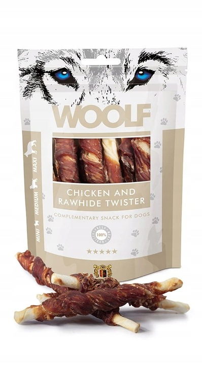WOOLF N CHICKEN AND RAWHIDE TWISTER 100g Kurczak na pałce wołowej dla psa