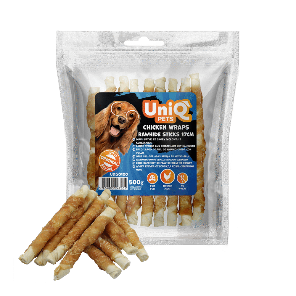 UNIQ PETS 500g długi patyk ze skóry wołowej z kurczakiem 17cm 500g Przysmak
