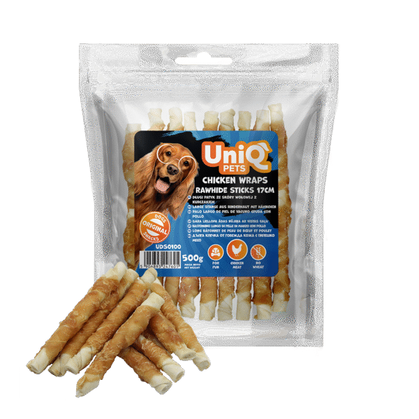 UNIQ PETS 500g długi patyk ze skóry wołowej z kurczakiem 17cm 500g Przysmak