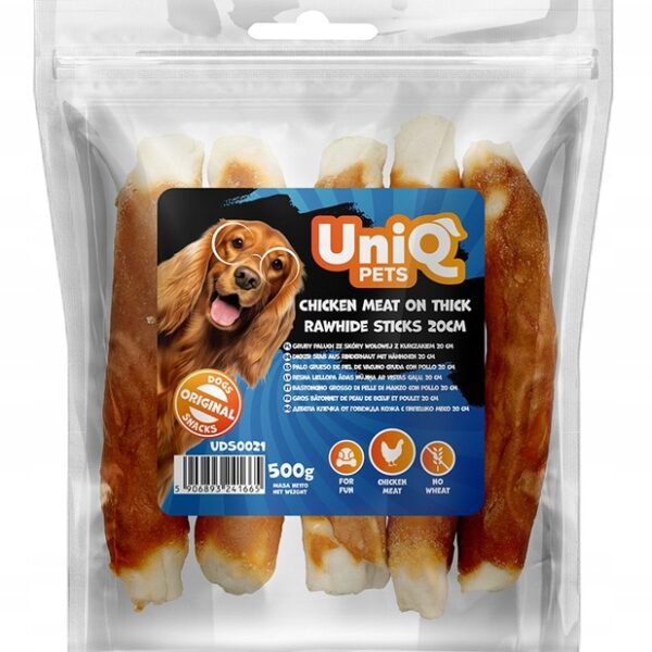 UNIQ PETS gruby paluch ze skóry wołowej z kurczakiem 500g / Przysmak