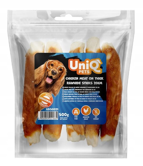 UNIQ PETS gruby paluch ze skóry wołowej z kurczakiem 500g / Przysmak
