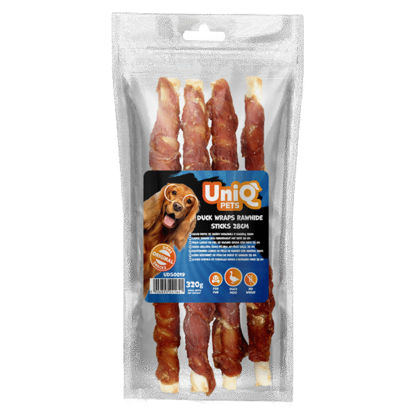 6db6e0db46fd7ce725120acec6a0010e.png UNIQ PETS dog snacks 320g Długi patyk ze skóry wołowej z kaczką 28cm