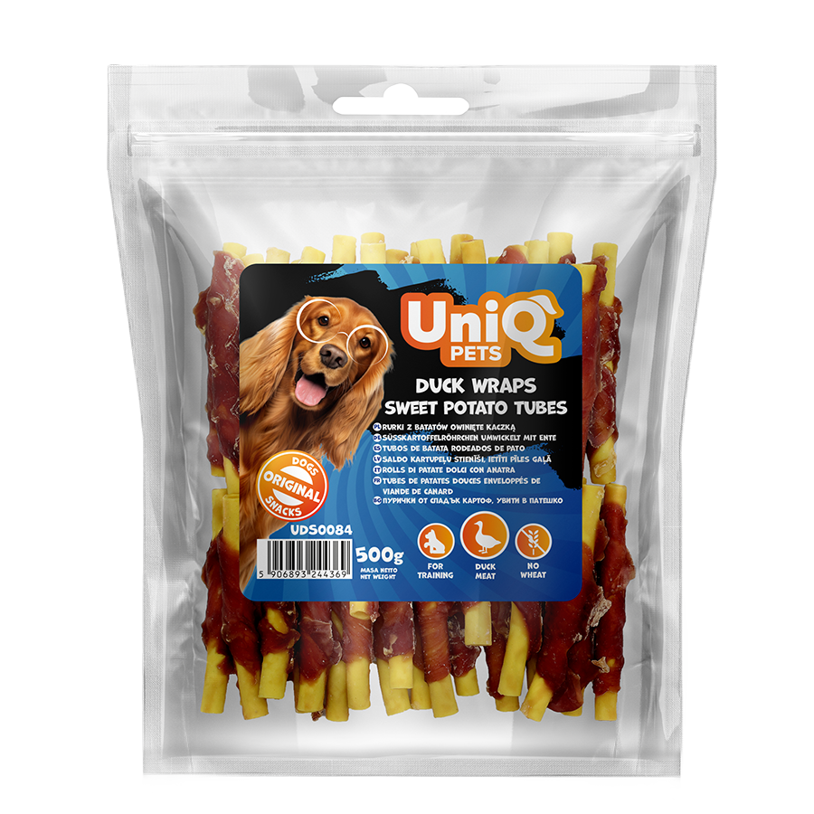 UNIQ PETS przysmaki dla psa rurki z batatów owinięte kaczką 500g