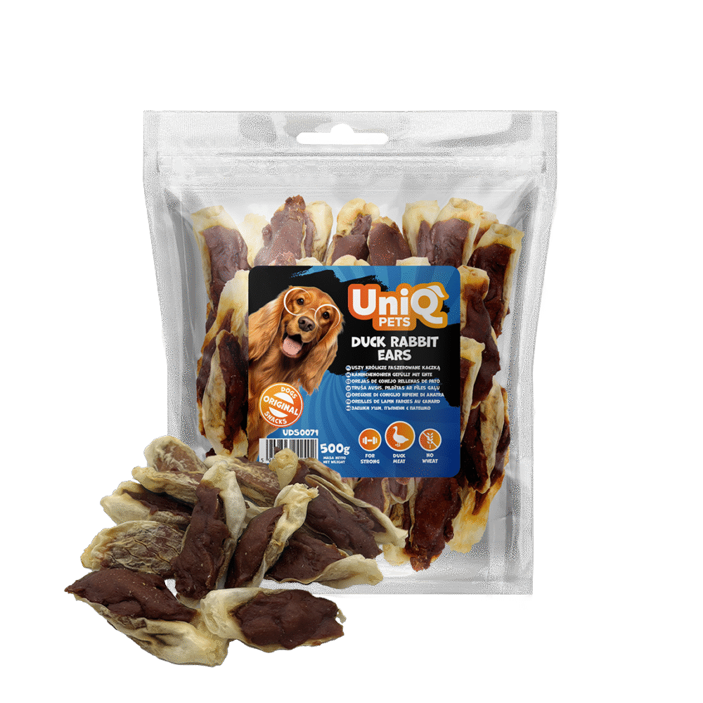 UNIQ PETS  uszy królicze faszerowane kaczką  przysmaki dla psa 500g
