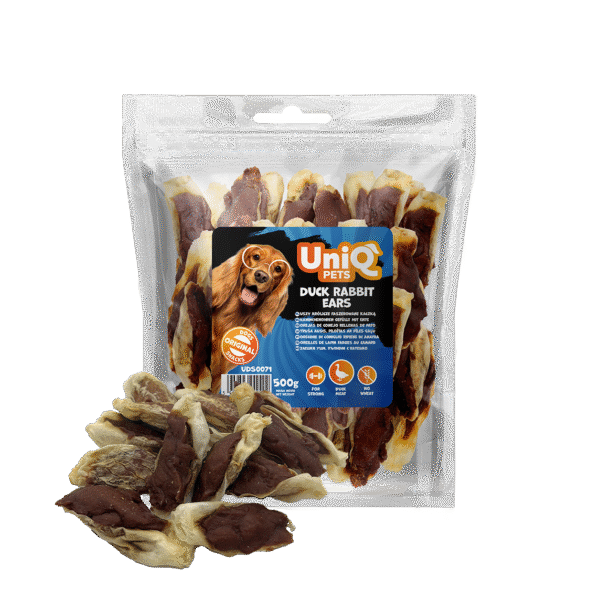 UNIQ PETS  uszy królicze faszerowane kaczką  przysmaki dla psa 500g