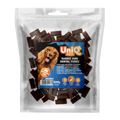 c6eeca1d7529f8ef0093952e53e31c9f.png UNIQ PETS dog snacks 500g Mini rurki dentystyczne z królikiem