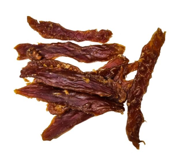 c89c61a552577103f4cd299e51f5efeb.jpg MIĘKKIE PASKI Z KACZKI PRZYSMAK DLA PSA 500g Lupipets