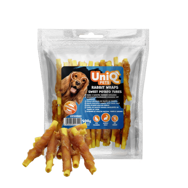 UNIQ PETS przysmaki dla psa 500g rurki z batatów owinięte królikiem