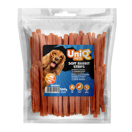 e58a10bc3b2318f9cb7089d9a0601301.png UNIQ PETS dog snacks 500g Stripsy z królika