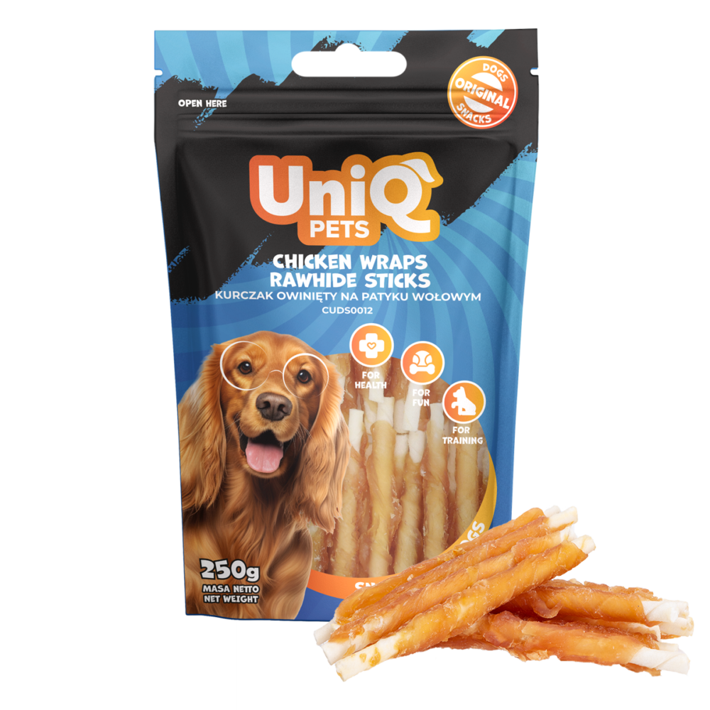 09243033052ecff4a5786fc0a5dbf30f.png UniQ Pets przysmaki dla psa WOOFERS 250 g kurczak owinięty na patyku