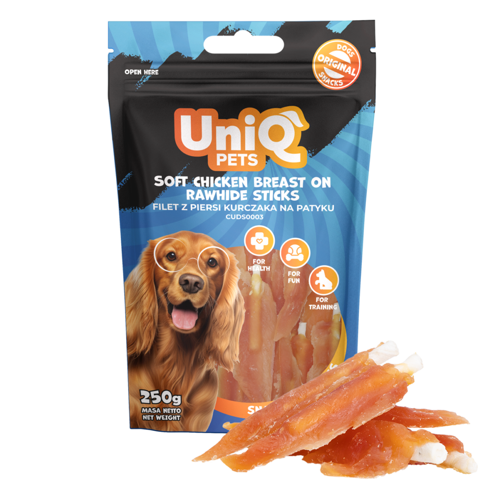UniQ Pets przysmaki dla psa WOOFERS 250 g filet z piersi kurczaka na patyku