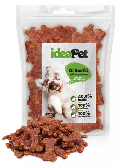 2089236c778eacea8a51b4b263bbedf7.png IdeaPet Kostki królik z ryżem 5 cm 500 g – przysmak dla psa