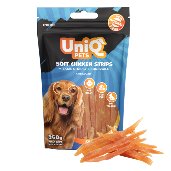 27f28d9b686ce1688522b3b274e87fba.png UniQ Pets przysmaki dla psa 250 g stripsy z kurczaka