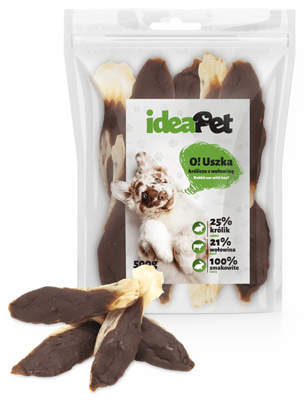 2dcb4d3c70978f4b3ad4c9334a6a0705.png IdeaPet Uszka królicze z wołowiną 500 g – przysmak dla psa – zdjęcie produktu 2