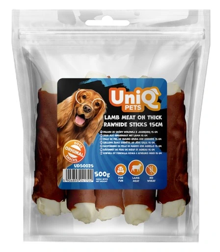3a5b02505d8cf37b73ed46c2b7001f31.webp UniQ Pets przysmak dla psa ze skóry wołowej z jagnięciną paluch 500 g