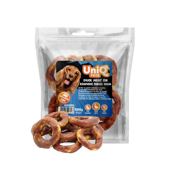 3f6db857d81e9ccea37756194752eb94.png UniQ Pets przysmaki dla psa 500 g ring ze skóry wołowej z kaczką 10 cm