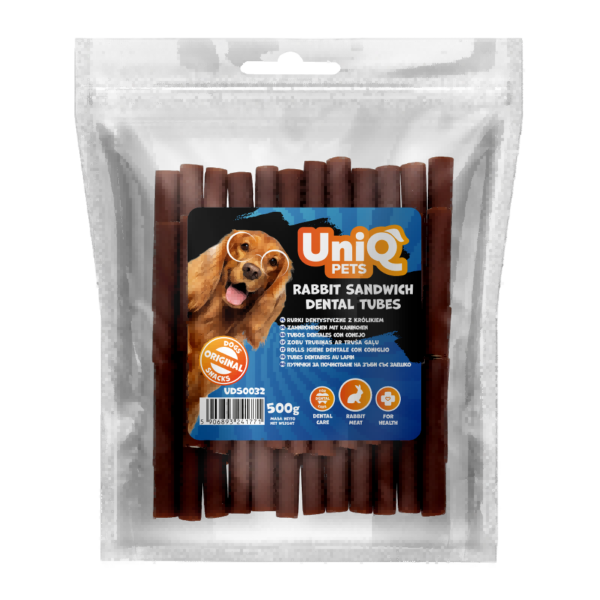 4c743ac335a473a16836f0f354fb5111.png UniQ Pets przysmaki dla psa 500 g Rurki dentystyczne z królikiem – zdjęcie produktu 2
