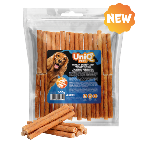 6beb31d2970da9cd7e3208784c97c2da.png UniQ Pets paluszki dla psa z kurczakiem, marchewką i pietruszką 500 g