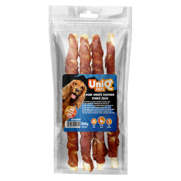 6db6e0db46fd7ce725120acec6a0010e.png UniQ Pets przysmaki dla psa 320 g Długi patyk ze skóry wołowej z kaczką 28 cm – zdjęcie produktu 2