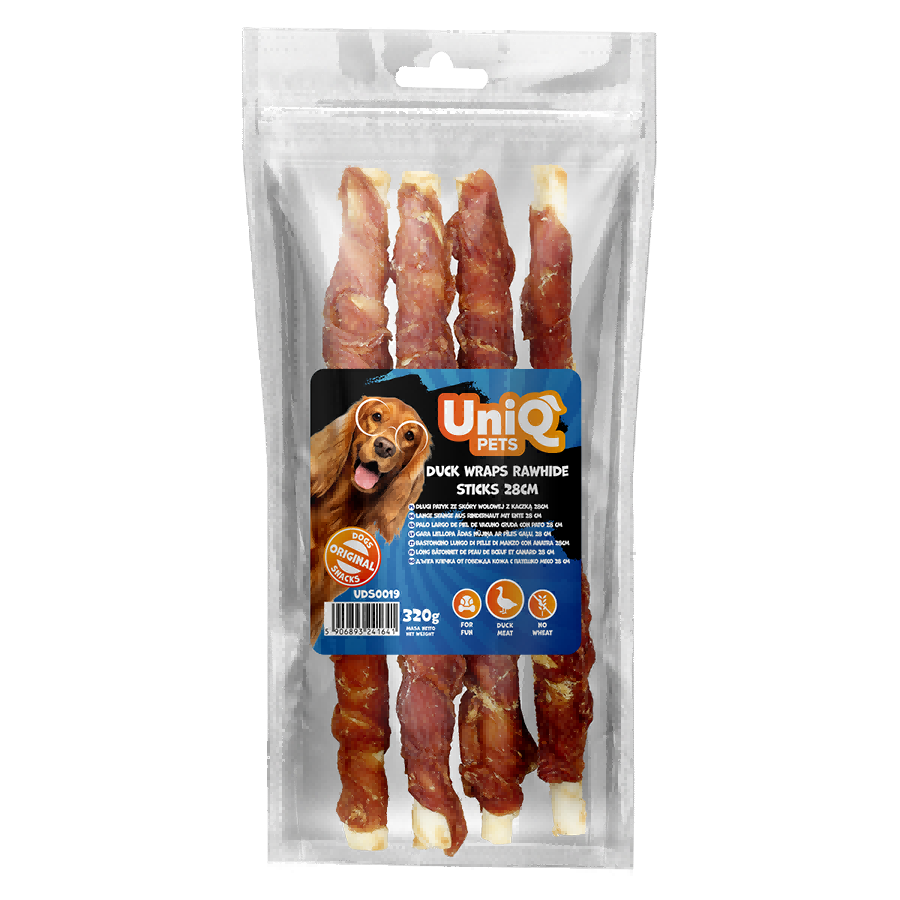 6db6e0db46fd7ce725120acec6a0010e.png UniQ Pets przysmaki dla psa 320 g Długi patyk ze skóry wołowej z kaczką 28 cm – zdjęcie produktu 2