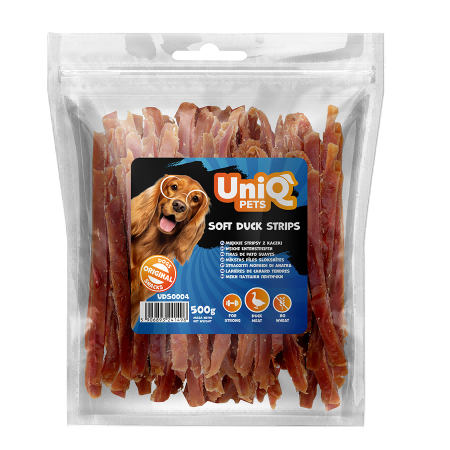 713825d5d6650d88534cdaef689d816c.png UniQ Pets przysmaki dla psa 500 g Miękkie stripsy z kaczki – zdjęcie produktu 2