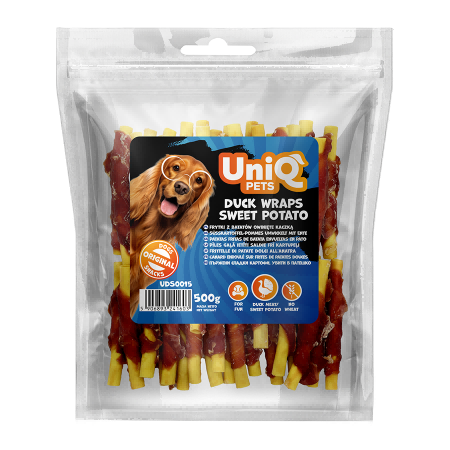 73cb42cde1e25fa6c7e845bdab7b0700.png UniQ Pets przysmaki dla psa 500 g Frytki z batatów owinięte kaczką – zdjęcie produktu 2