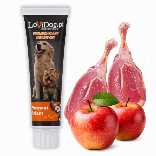 75fdb6bb229c82566141aecf1820eee7.jpg Lovidog pasztet dla psa BAŻANT JABŁKIEM Pasta smakowa do lizania Tubka 90 g