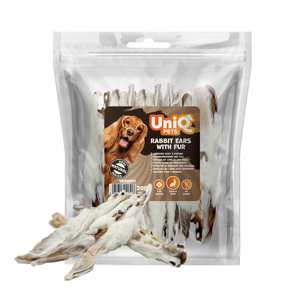UniQ Pets przysmaki dla psa NATURAL 300 g uszy królicze z futrem