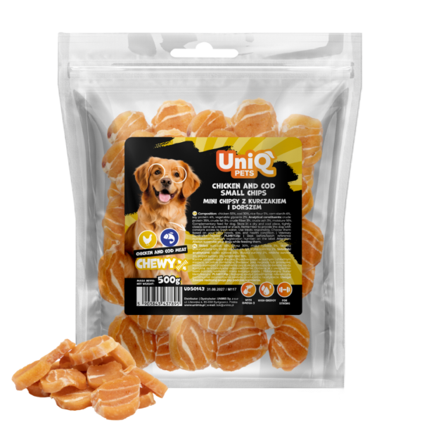 9f49ff9439419395cd2951b81cd98e55.png UniQ Pets przysmaki dla psa CHEWY 500 g mini chipsy z kurczakiem i dorszem