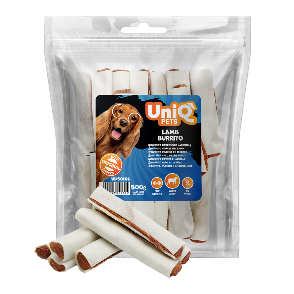 UniQ Pets przysmaki dla psa RAWHIDE 500 g burrito nadziewane jagnięciną