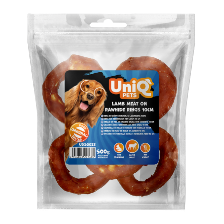 b04cb75f90df97f3212665601aedff4a.png UniQ Pets przysmaki dla psa 500 g Ring ze skóry wołowej z jagnięciną 10 cm – zdjęcie produktu 2