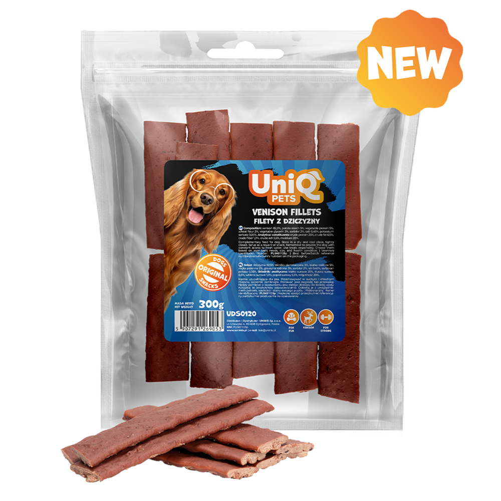 b57a0176163905f96aa8e71c8d1d9d62.png UniQ Pets przysmaki dla psa MEATY 300 g filety z szarpanej dziczyzny