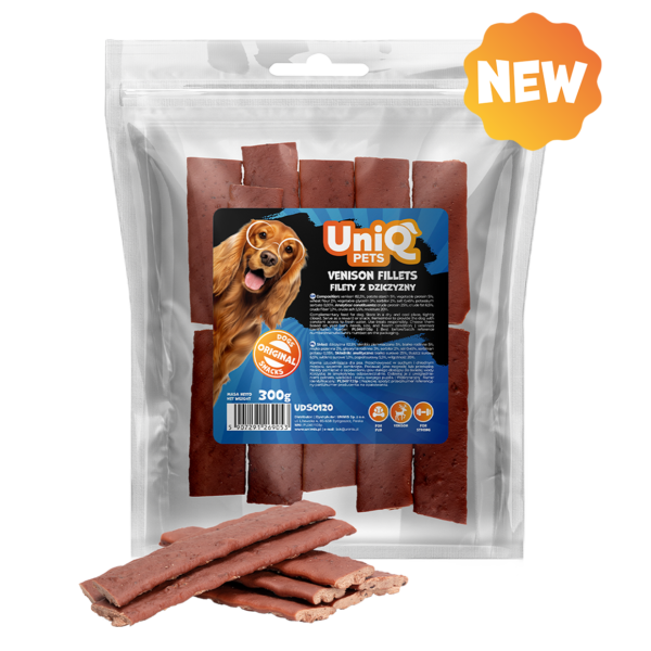 b57a0176163905f96aa8e71c8d1d9d62.png UniQ Pets przysmaki dla psa MEATY 300 g filety z szarpanej dziczyzny