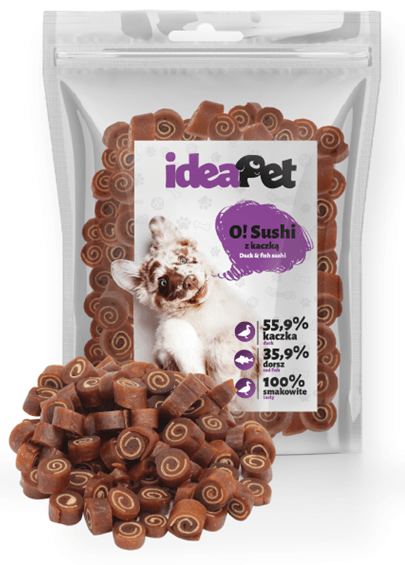 babe6207d74a379555b3b9fbf7cb465c.png IdeaPet Sushi z kaczką 500 g – przysmak dla psa