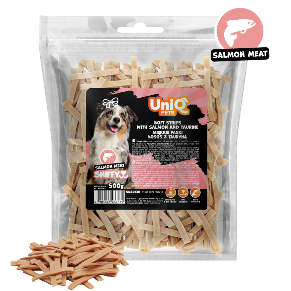 d73511b142bc652ba103fed47853daab.png UniQ Pets przysmaki dla psa SNIFFY 500 g miękkie paski łosoś z tauryną