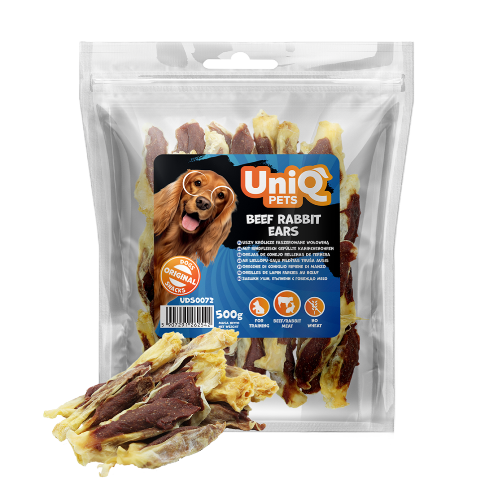 daa74c41170df0f2a10b0c56a7cf8a14.png UniQ Pets przysmaki dla psa 500 g uszy królicze faszerowane wołowiną