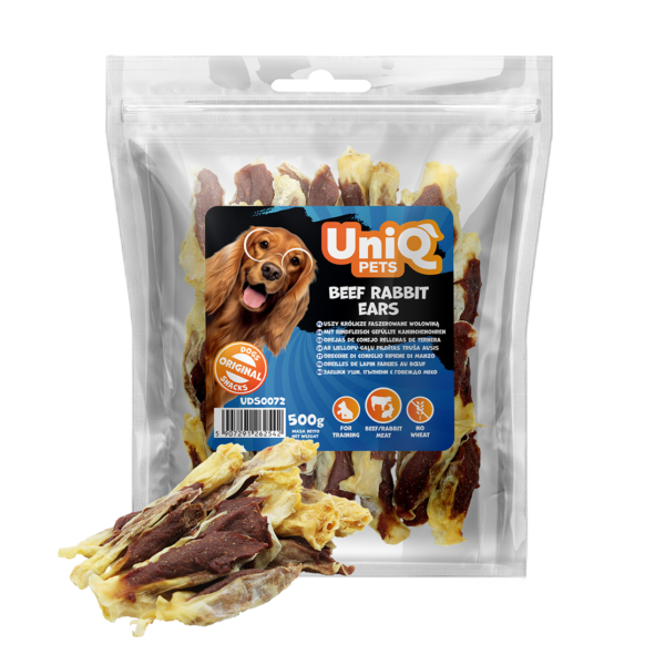 daa74c41170df0f2a10b0c56a7cf8a14.png UniQ Pets przysmaki dla psa 500 g uszy królicze faszerowane wołowiną