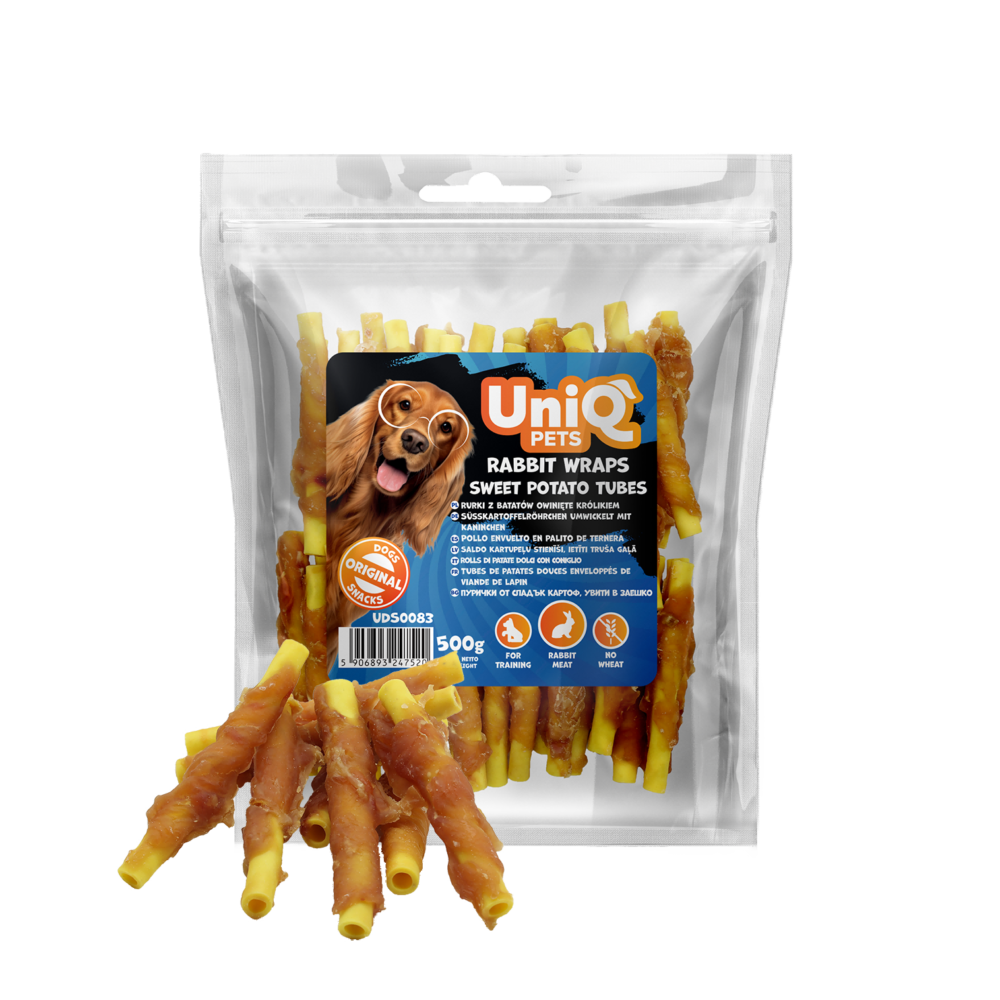 e0a1859dbc8273523f0600b9aa40cd2d.png UniQ Pets przysmaki dla psa 500 g rurki z batatów owinięte królikiem