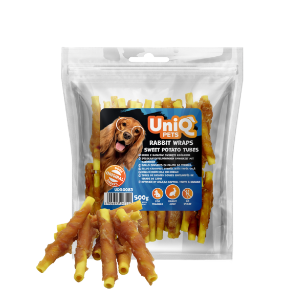 e0a1859dbc8273523f0600b9aa40cd2d.png UniQ Pets przysmaki dla psa 500 g rurki z batatów owinięte królikiem