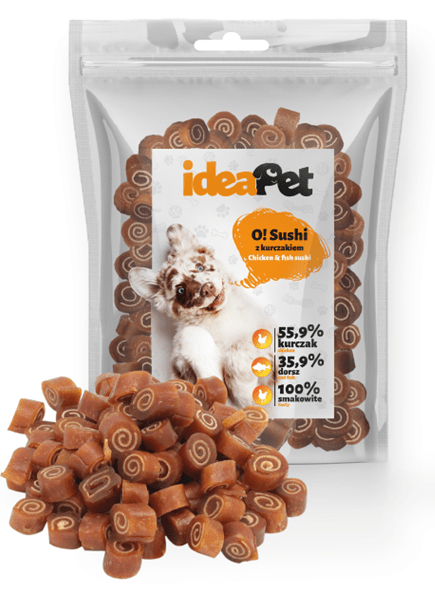 efd1eafc8b9b2bb6d0598a4efa444030.png IdeaPet Sushi z kurczakiem 500 g – przysmak dla psa