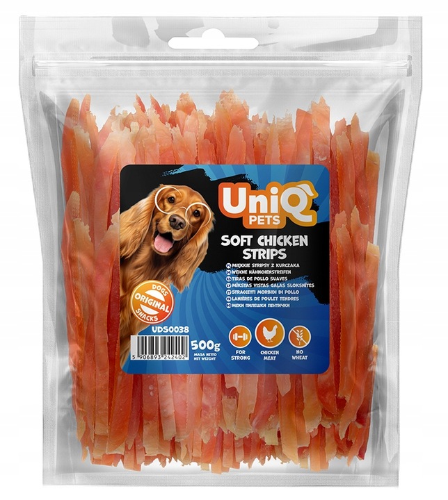 faf786badcccc85d18d63c84abeca46c.jpg UniQ Pets przysmak dla psa miękkie stripsy z kurczaka 500 g