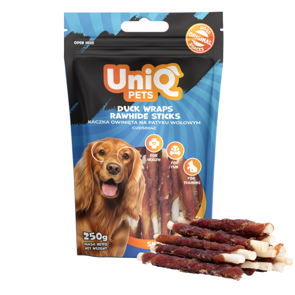fe1d7b72c3d693eea7bba3817ac844ec.png UniQ Pets przysmaki dla psa WOOFERS 250 g kaczka owinięta na patyku