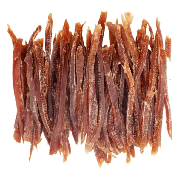 HAPPY SNACKY MIĘKKIE STRIPSY Z KACZKI 500G – zbliżenie produktu HAPPY SNACKY MIĘKKIE STRIPSY Z KACZKI 500G – zbliżenie na białym tle