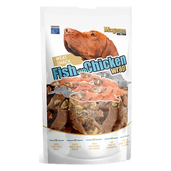 MAGNUM Fish With Chicken Wrap 80 g Przysmak dla psa – zbliżenie produktu MAGNUM Fish With Chicken Wrap 80 g Przysmak dla psa – zbliżenie na białym tle