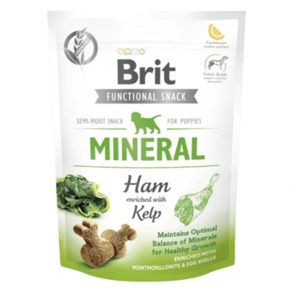 BRIT CARE FUNCTIONAL SNACK MINERAL HAM PUPPY 150g / Półmiękki przysmak – zbliżenie produktu BRIT CARE FUNCTIONAL SNACK MINERAL HAM PUPPY 150g / Półmiękki przysmak – zbliżenie na białym tle