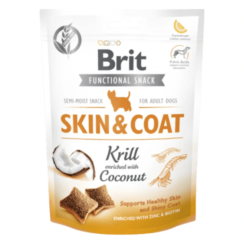 BRIT CARE FUNCTIONAL SNACK SKIN&COAT KRILL 150g / Półmiękki przysmak – zbliżenie produktu BRIT CARE FUNCTIONAL SNACK SKIN&COAT KRILL 150g / Półmiękki przysmak – zbliżenie na białym tle