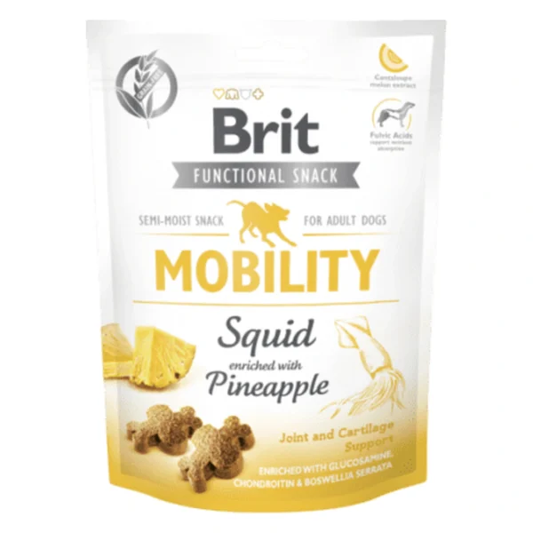 BRIT CARE FUNCTIONAL SNACK MOBILITY SQUID 150g / Półmiękki przysmak – zbliżenie produktu BRIT CARE FUNCTIONAL SNACK MOBILITY SQUID 150g / Półmiękki przysmak – zbliżenie na białym tle